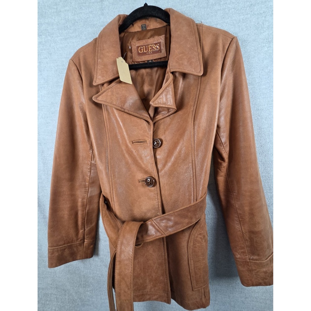 Guess USA Vintage Leather Trench Coat Womens M Belted Lined Caramel Brown Retro